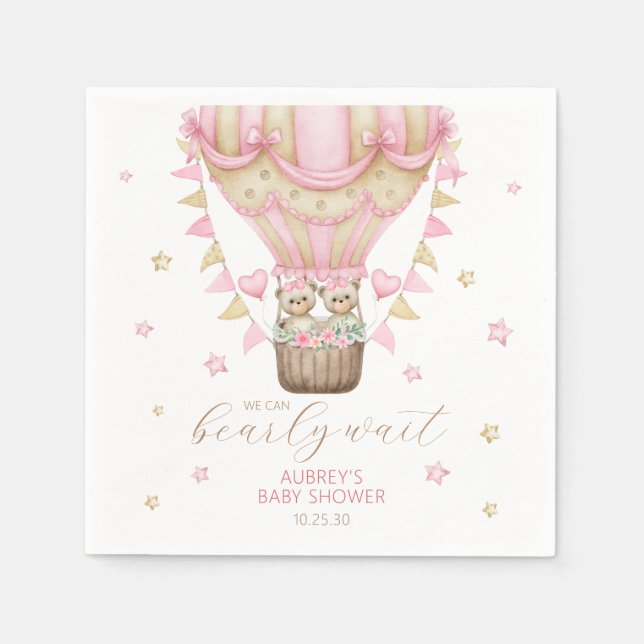 We Can Bearly Wait Twin Girl Baby Shower Napkin (Front)