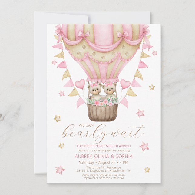We Can Bearly Wait Twin Girl Baby Sprinkle Invitation (Front)