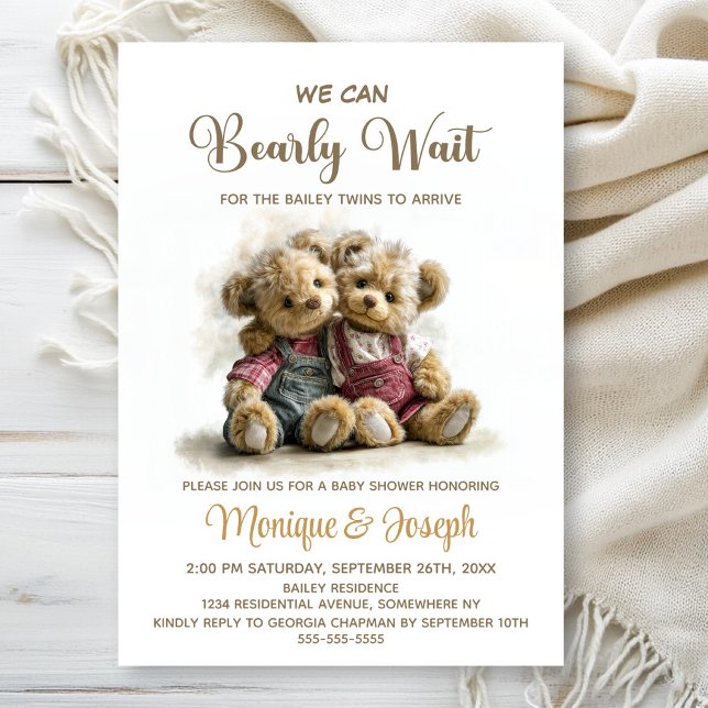 We Can Bearly Wait Twin Teddy Bears Baby Shower Invitation (Creator Uploaded)