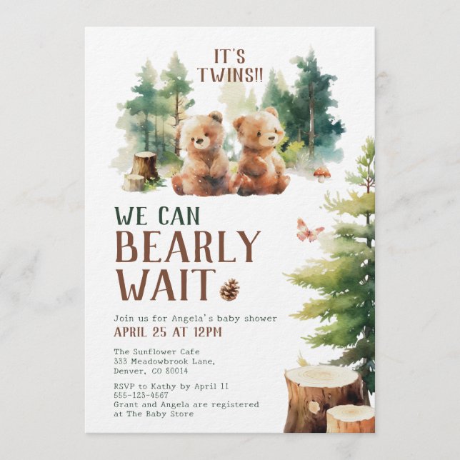 We Can Bearly Wait Twins Baby Shower Invitation (Front)