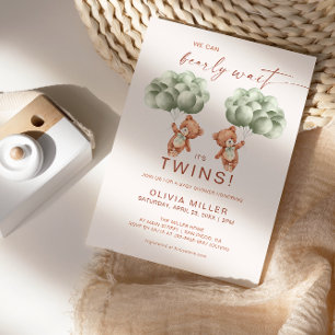 We Can Bearly Wait Twins Sage Green Baby Shower Invitation