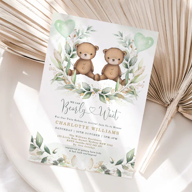 We Can Bearly Wait Twins Teddy Bear Baby Shower Invitation | Zazzle