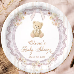 We Can Bearly Wait Vintage Floral Bow Baby Shower Paper Plate