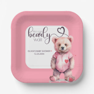 We can bearly wait watercolor bear Baby Shower Paper Plate