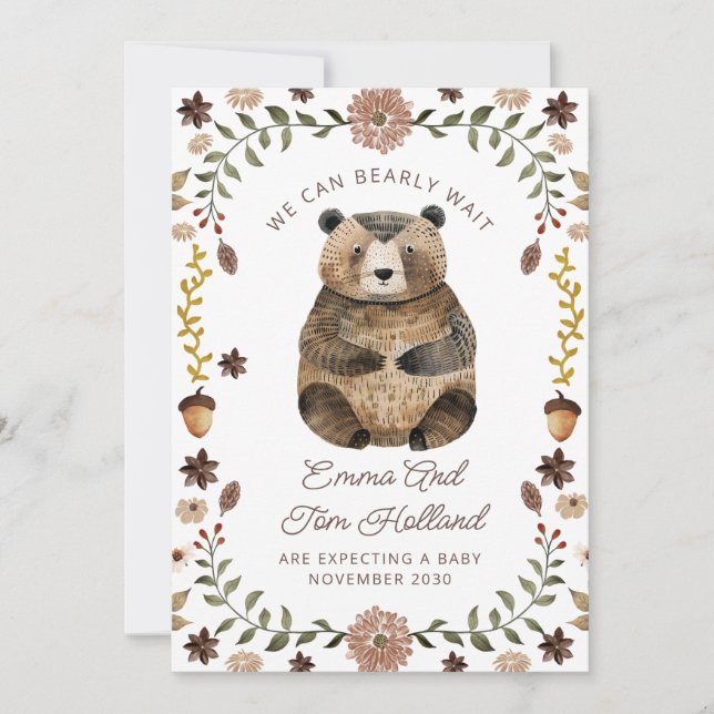 We Can Bearly Wait Watercolor Bear Pregnancy Announcement (Front)