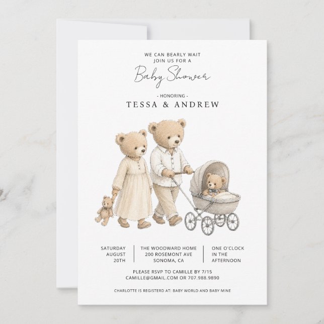 We Can Bearly Wait Watercolor Teddy Bears Invitation (Front)
