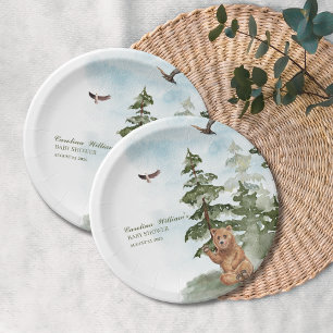 We Can Bearly Wait Watercolor Woodland Baby Shower Paper Plate