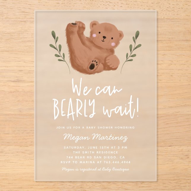 We Can Bearly Wait Whimsical Cub Baby Shower Acrylic Invitations (Front)