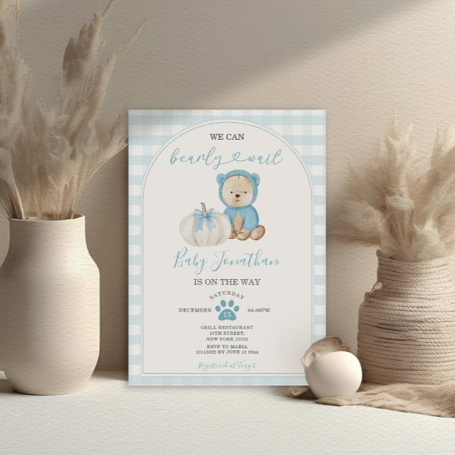 We Can Bearly Wait White Blue Gingham Baby Shower Invitation (Creator Uploaded)