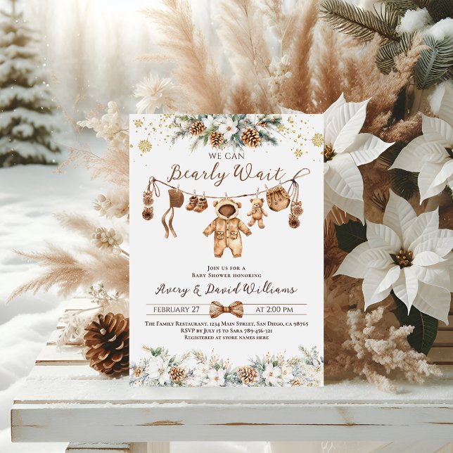 We Can Bearly Wait Winter ClothestLine Baby Shower Invitation (Creator Uploaded)