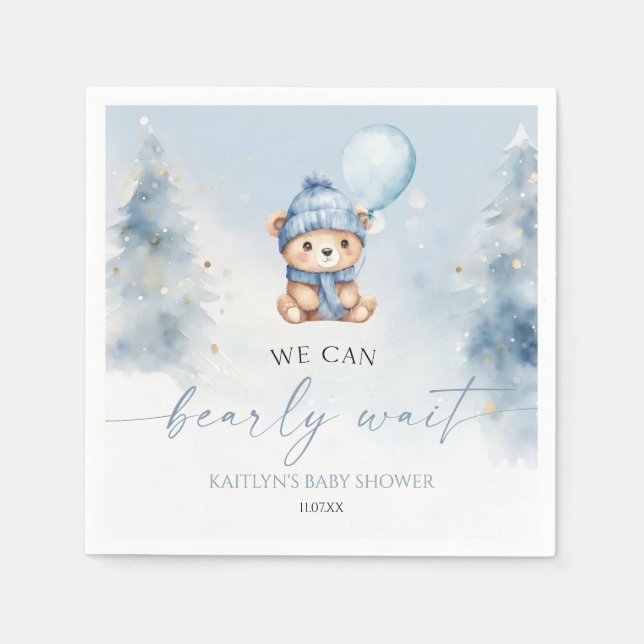 We Can Bearly Wait Winter Teddy Bear Baby Shower Napkin (Front)
