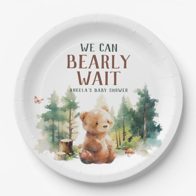 We Can Bearly Wait Woodland Baby Shower Plates (Front)