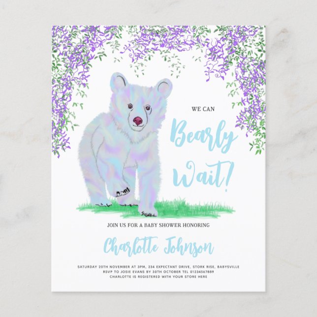 We Can Bearly Wait Woodland Floral Blue Bear (Front)