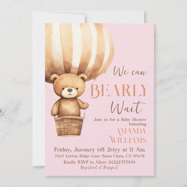 We Can Beary Wait Bear Pink Girl Baby Shower Invitation (Front)