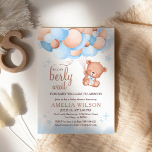 We Can Berly Wait Teddy Bear Balloons Blue Baby Invitation