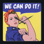 We Can Do It! Rosie the Riveter Remix Pop Art Square Wall Clock<br><div class="desc">Rosie the Riveter meets her match in a funky Licsteinien Ben-Day Dots-inspired remix. Roy Lichtenstein is best known for his dotted,  angst-filled comics featuring beautiful ladies in distress. This lady is FAR from being in distress,  though! Rosie is the ultimate symbol of GIRL POWER!</div>