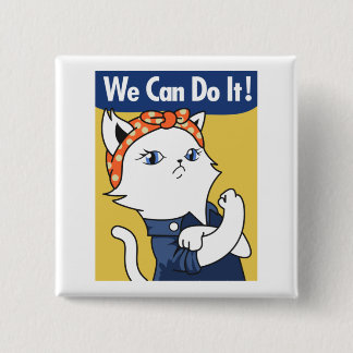 We Can Do It! White Cat Rosie the Riveter 15 Cm Square Badge
