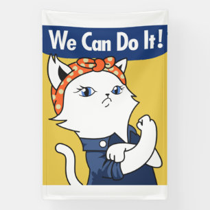 We Can Do It! White Cat Rosie the Riveter Banner