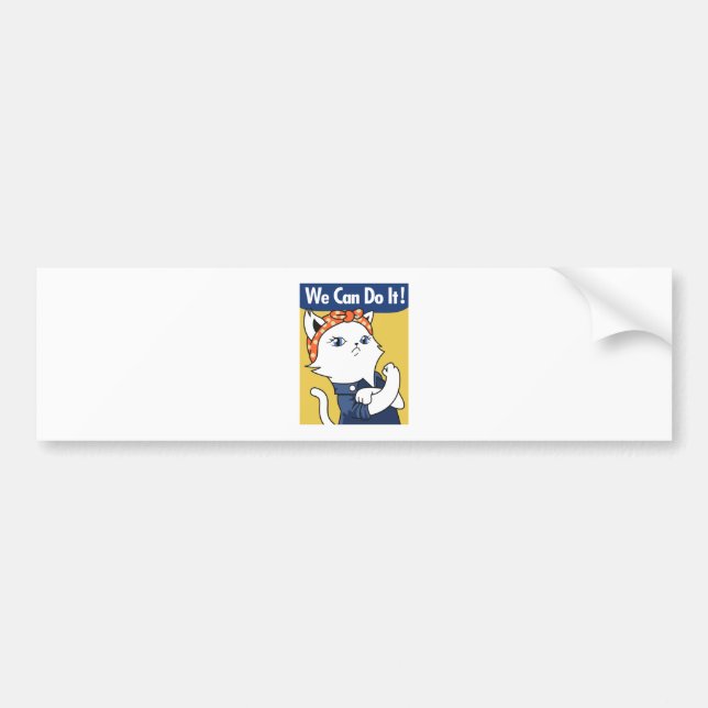 We Can Do It! White Cat Rosie the Riveter Bumper Sticker (Front)