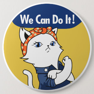 We Can Do It! White Cat Rosie the Riveter Button