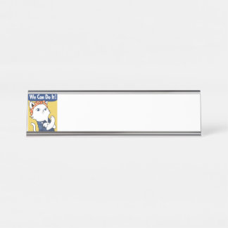 We Can Do It! White Cat Rosie the Riveter Desk Name Plate