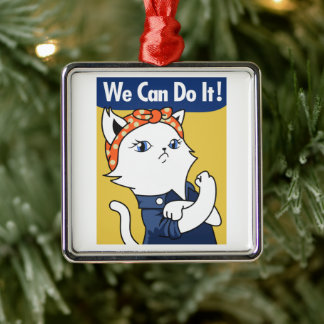 We Can Do It! White Cat Rosie the Riveter Metal Tree Decoration