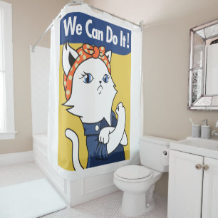 We Can Do It! White Cat Rosie the Riveter Shower Curtain