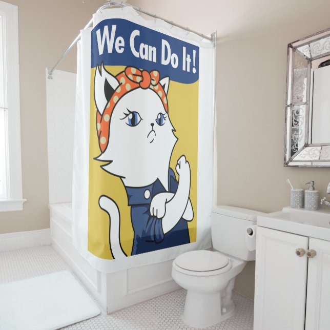 We Can Do It! White Cat Rosie the Riveter Shower Curtain (In Situ)