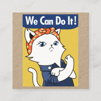 We Can Do It! White Cat Rosie the Riveter Square B Business Card