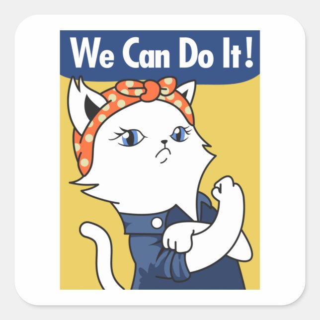 We Can Do It! White Cat Rosie the Riveter Square S Square Sticker (Front)