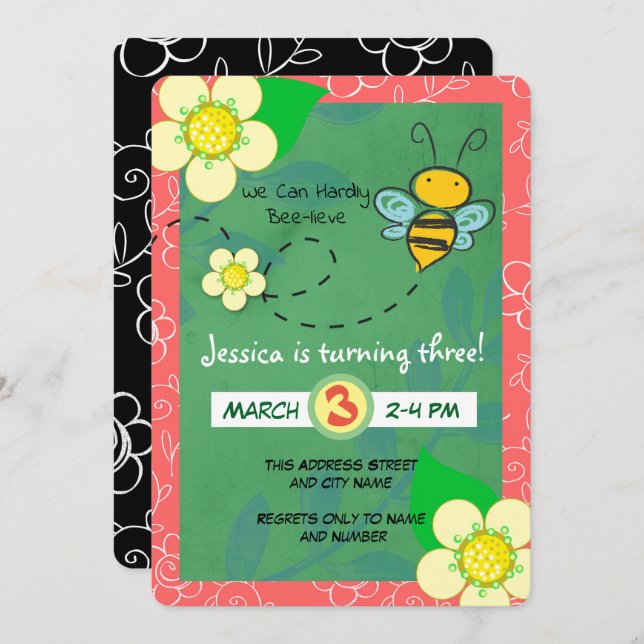 We Can Hardly Bee-Lieve Bee Birthday Invitation (Front/Back)