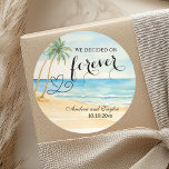 We decided on Forever Beach and Palm Trees Classic Round Sticker<br><div class="desc">An elegant Wedding design with watercolor beach and palm trees that you can customise with your details.</div>