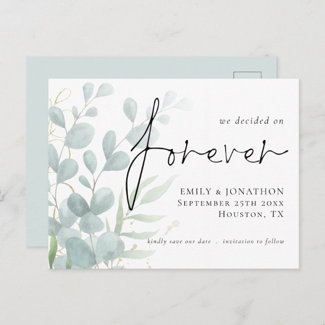 We Decided on Forever Eucalyptus Save The Date Invitation Postcard (Front/Back)