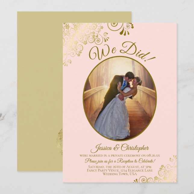 We Did! Blush Pink & Gold Lace Wedding Reception Invitation (Front/Back)