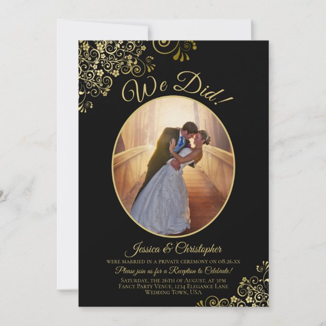 We Did! Gold Curls on Black Wedding Reception Invitation (Front)