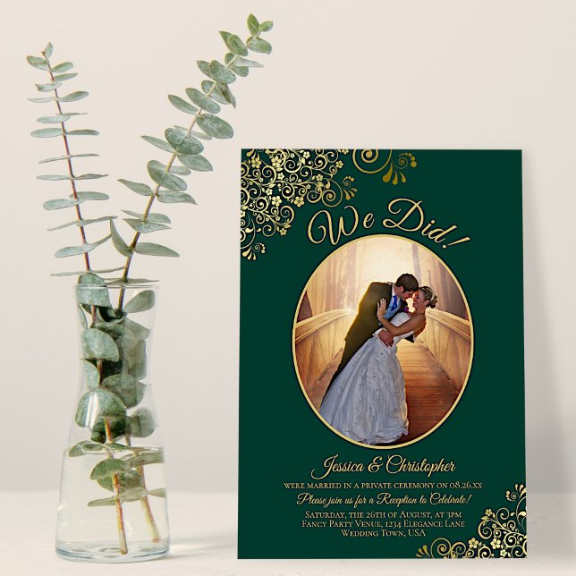 We Did! Gold Curls on Emerald Wedding Reception Invitation (Creator Uploaded)