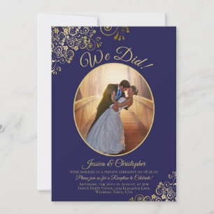 We Did! Gold Lace on Navy Blue Wedding Reception Invitation
