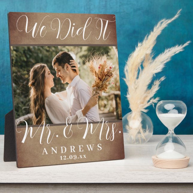 We Did It Mr & Mrs Brown Leather Wedding  Plaque (Side)