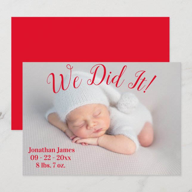 We Did It Photo Stats Red Gender Neutral Birth Announcement (Front/Back)