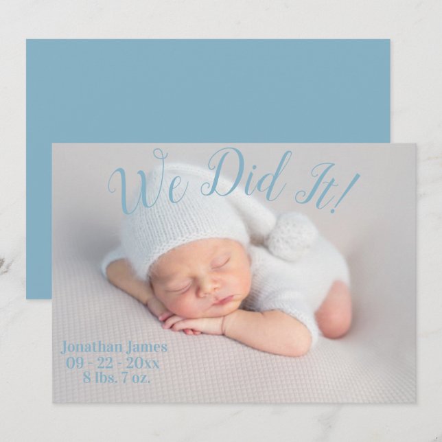 We Did It Photo Stats Script Baby Boy Blue Birth Announcement (Front/Back)