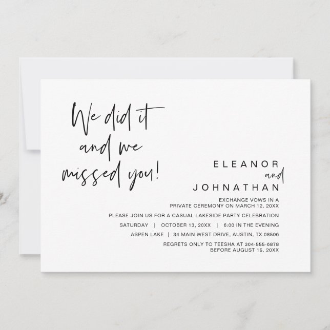 We did it, we missed you, Wedding Elopement Party Invitation (Front)