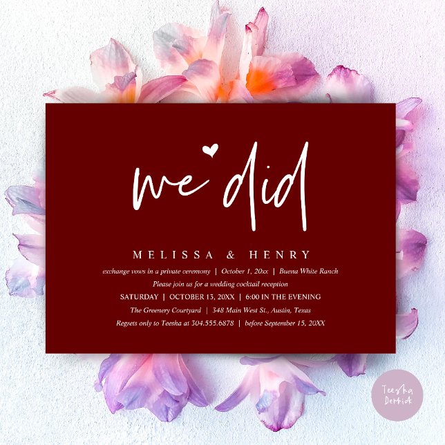 We Did Modern Wedding Elopement Reception Dinner Invitation (We Did Modern Wedding Elopement Reception Dinner Party Invitation Card PDF Burgundy Wine Red)