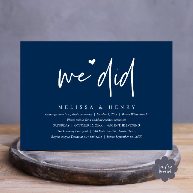 We Did Modern Wedding Elopement Reception Dinner Invitation (We Did Modern Wedding Elopement Reception Dinner Party Invitation Card PDF Contemporary Navy Blue)