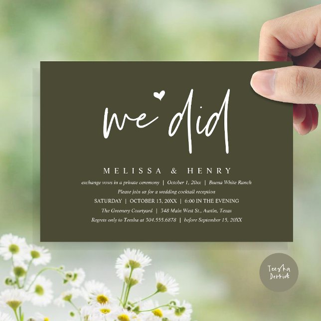 We Did Modern Wedding Elopement Reception Dinner Invitation (We Did Modern Wedding Elopement Reception Dinner Party Invitation Card PDF Rustic Olive Green)