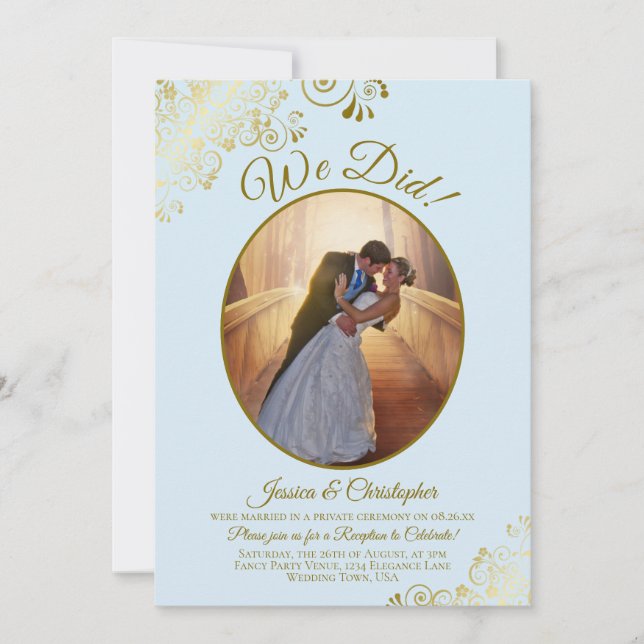 We Did! Powder Blue & Gold Lace Wedding Reception Invitation (Front)