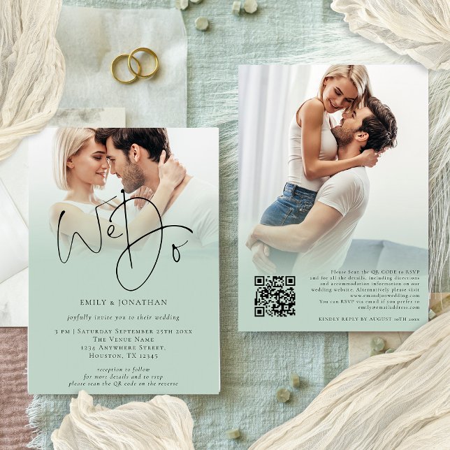 We Do 2 Photo Overlay Script QR Code Sage Wedding  Invitation (Front and back view)