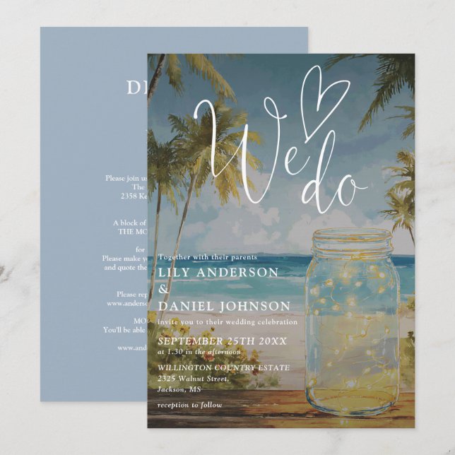 We Do Beach Palm Tree Mason Jar All In One Wedding Invitation (Front/Back)