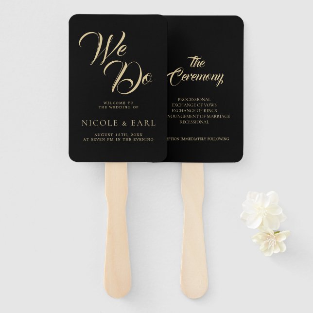 We Do Black Elegant Art Deco Gold Retro Wedding Hand Fan (Front and Back)