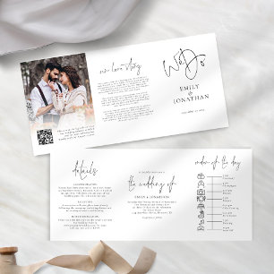 We Do Black White Photo QR Code Timeline Wedding Tri-Fold Invitation