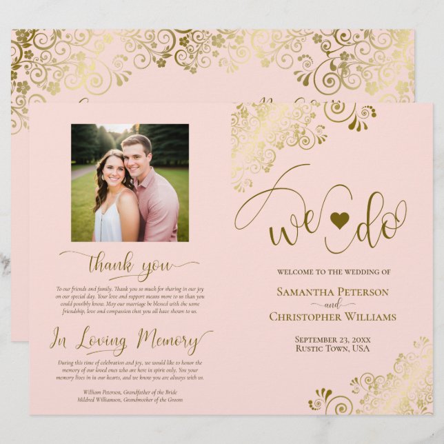 We Do! Blush Pink & Gold DIY Fold Wedding Program (Front/Back)